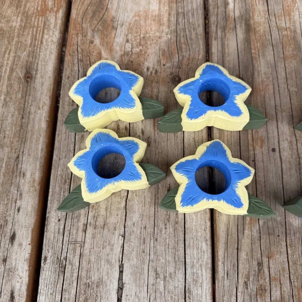 Vtg Floral Wooden Napkin Rings 8 Set Blue Yellow Hand Painted Rustic Cottagecore